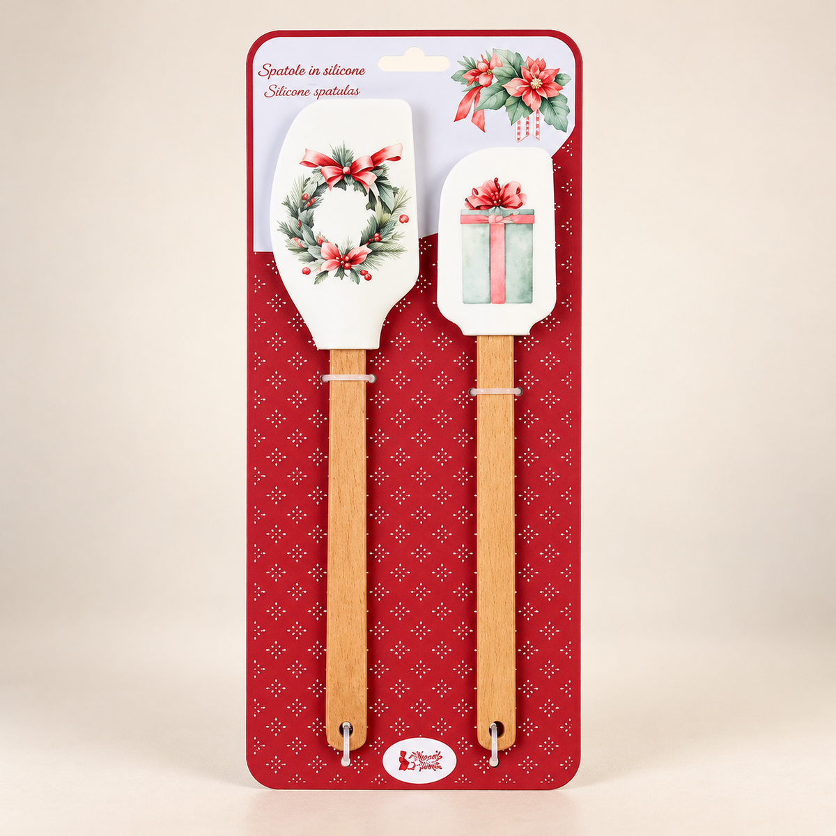 Set 2 Spatole da Cucina Natalizie STORIA DI NATALE in Silicone con Manico in Legno – 26/29 cm – Decori Ghirlanda e Pacco Regalo