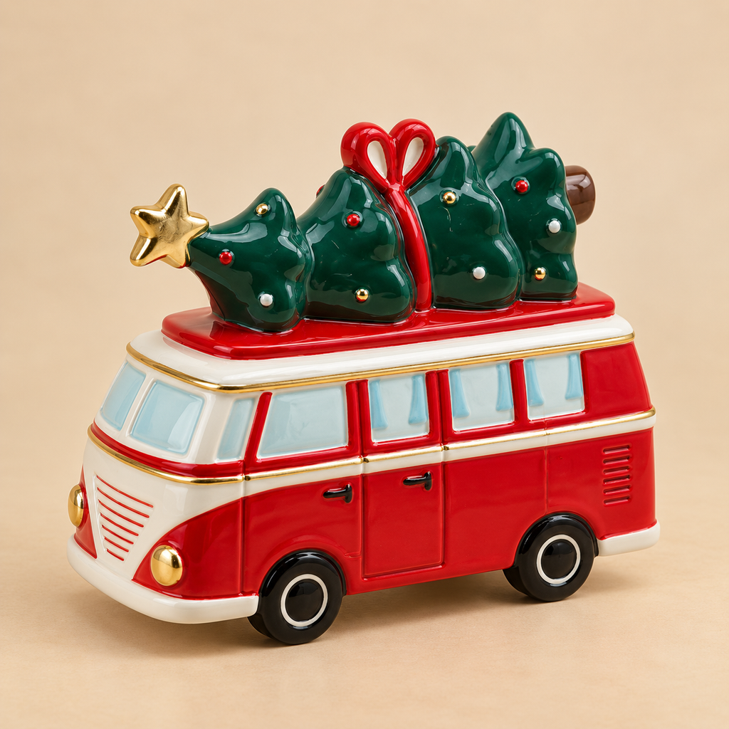 Decorazione Natalizia Pulmino con Alberi di Natale in Ceramica 16 x 7 x H13 cm