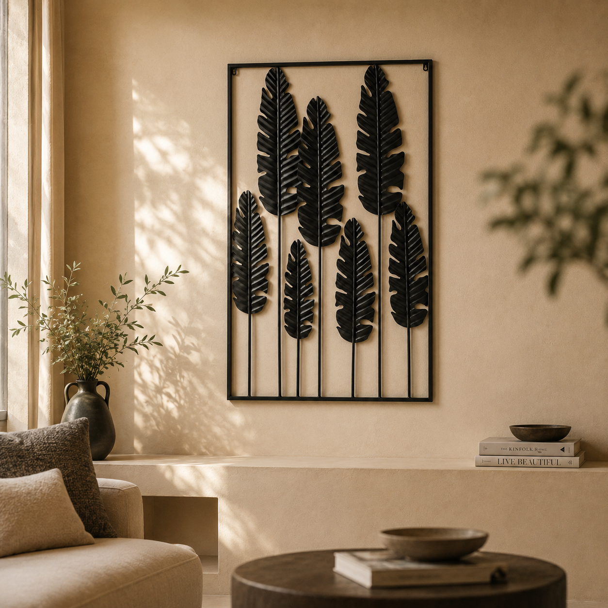 Decoro Parete Foglie Nero in Metallo – 84,5 x H 135 cm