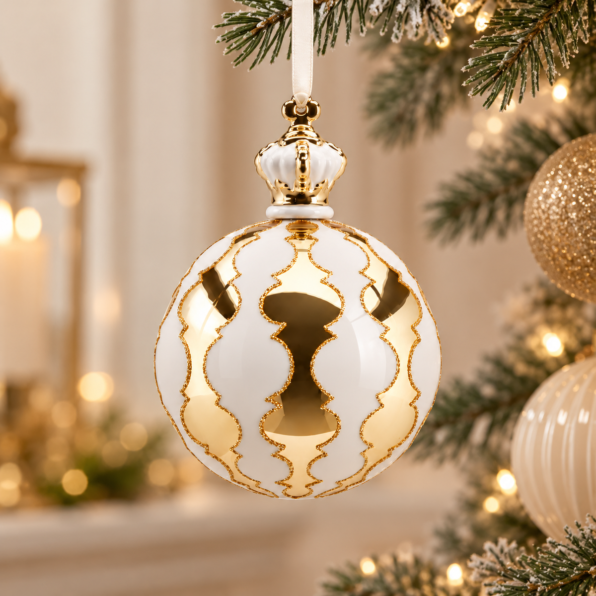Sfera di Natale in Vetro e Porcellana Bianco Lucido con Decori Barocchi Oro e Corona – Ø 10 cm