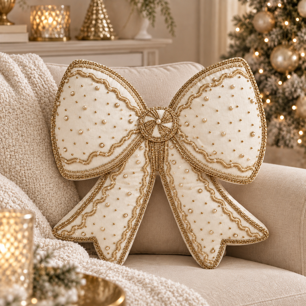 Cuscino Sagomato Fiocco Bianco e Oro 38 x 40 cm
