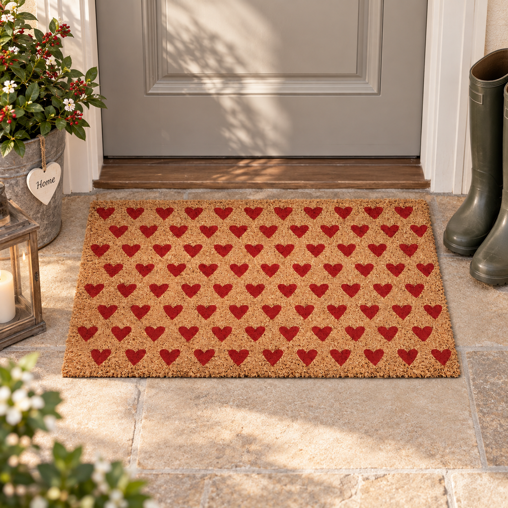 Zerbino Rettangolare in Fibra di Cocco Naturale con Cuori Rossi 75 x 45 cm