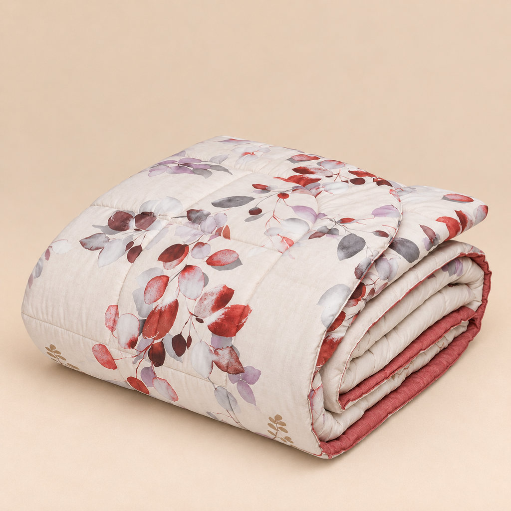 Trapunta Matrimoniale Double-Face Hanami in Percalle di Cotone Riciclato con Fantasia Botanica Rosa Antico 260 x 270 cm – Tessitura Randi