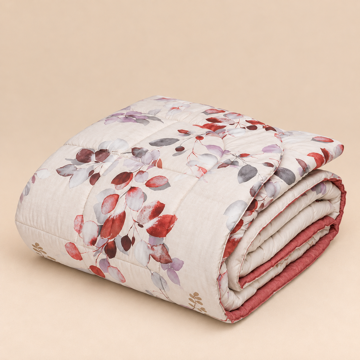 Trapunta Matrimoniale Double-Face Hanami in Percalle di Cotone Riciclato con Fantasia Botanica Rosa Antico 260 x 270 cm – Tessitura Randi