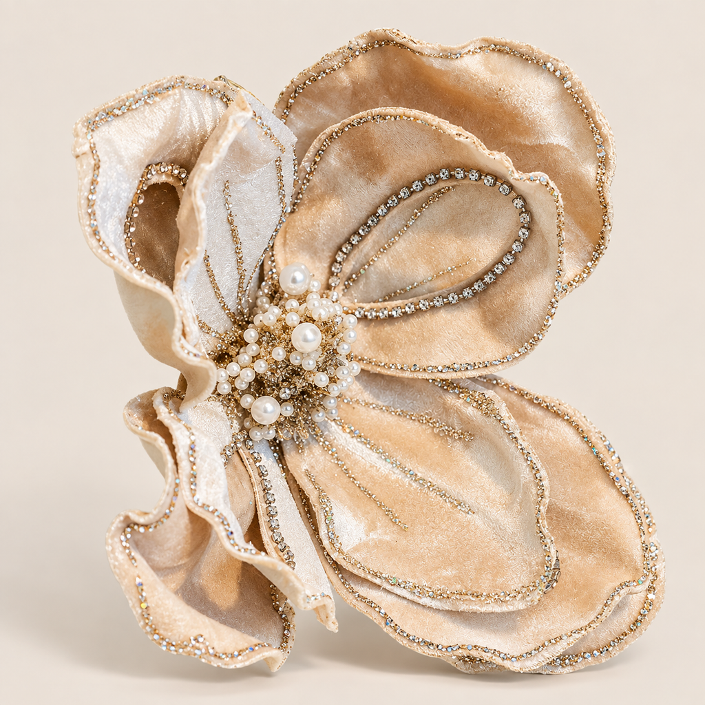 Fiore Magnolia Decorativa Champagne con Perle e Strass Ø 22