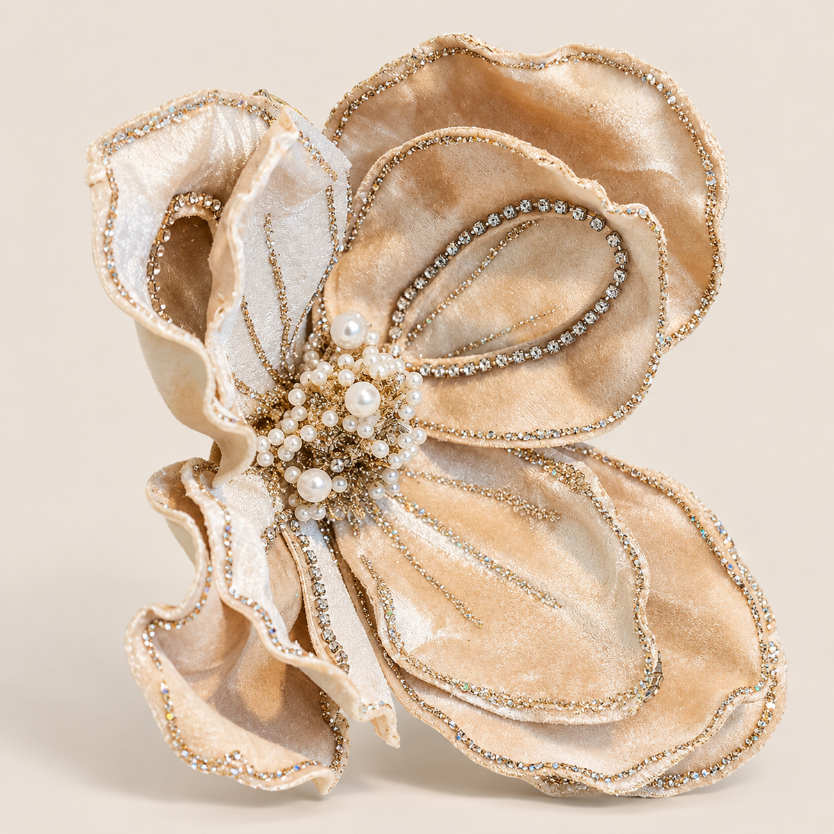 Fiore Magnolia Decorativa Champagne con Perle e Strass Ø 22