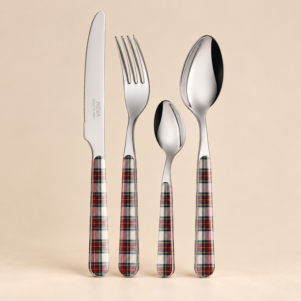 Servizio Posate 24 Pezzi Bistrot Tartan in Acciaio Inox con Manico Decorato a Quadri Scozzesi
