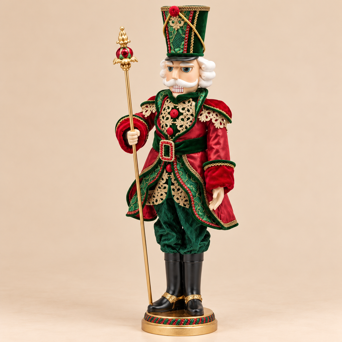 Schiaccianoci Natalizio EDG con Scettro, Uniforme Verde e Rosso Bordeaux con Ricami Oro 96 cm
