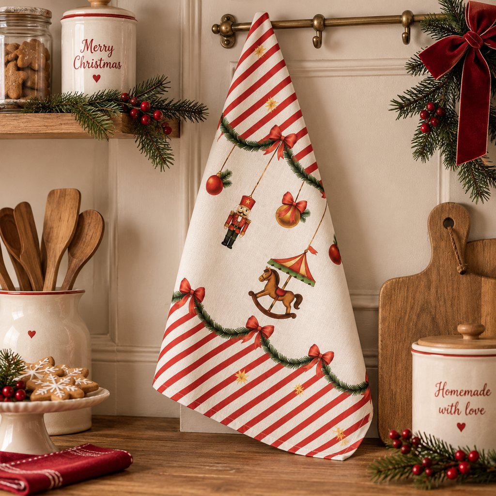 Canovaccio da Cucina Natalizio Christmas Carousel in Cotone con Cavallo a Dondolo, Schiaccianoci e Fiocchi Rossi 50 x 70 cm
