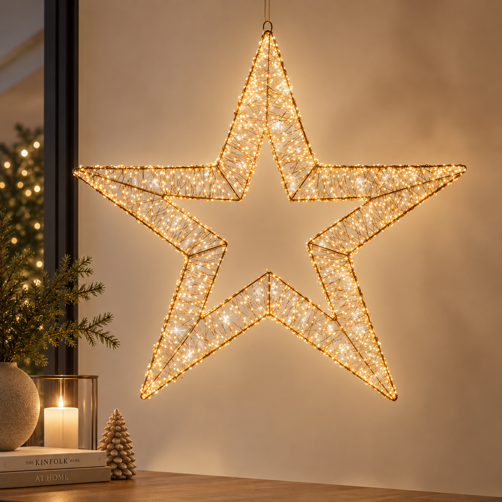 Stella Luminosa Natalizia 3D Ø 75 cm con 3500 MicroLED Bianco Caldo e Flash Bianco Freddo – Effetto Diamond – Interno