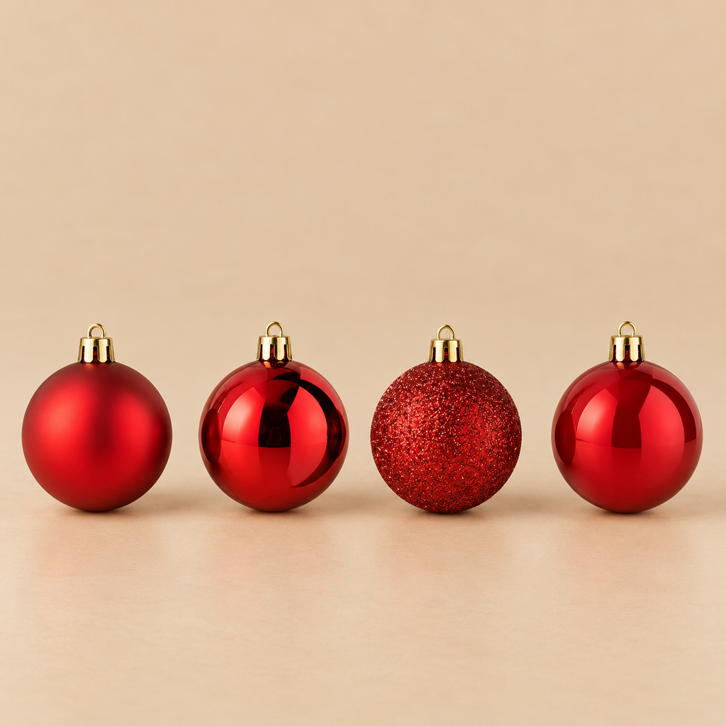 Set 40 Sfere di Natale in PVC Rosso con Finiture Lucide, Satinate e Glitterate
