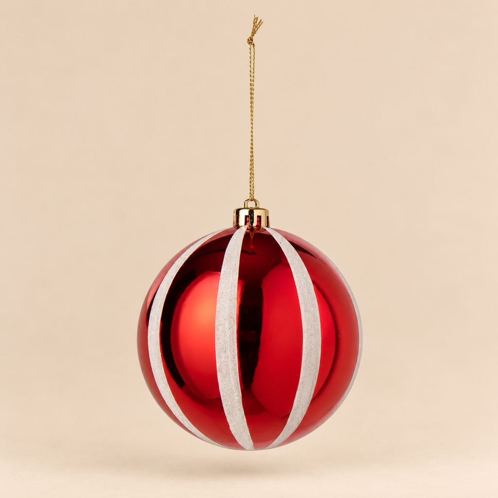 Sfera di Natale in PVC Rosso Lucido con Strisce Bianche Glitterate – Ø 12 cm