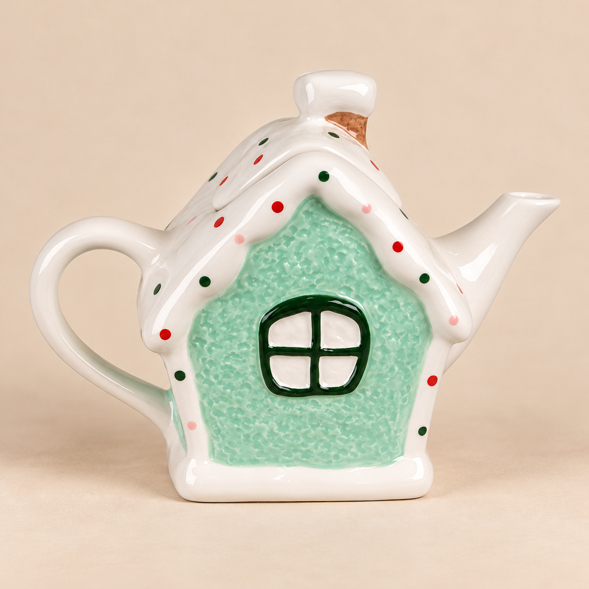 Teiera Natalizia Casetta di Pan di Zenzero in Ceramica Verde e Bianca 600 ml