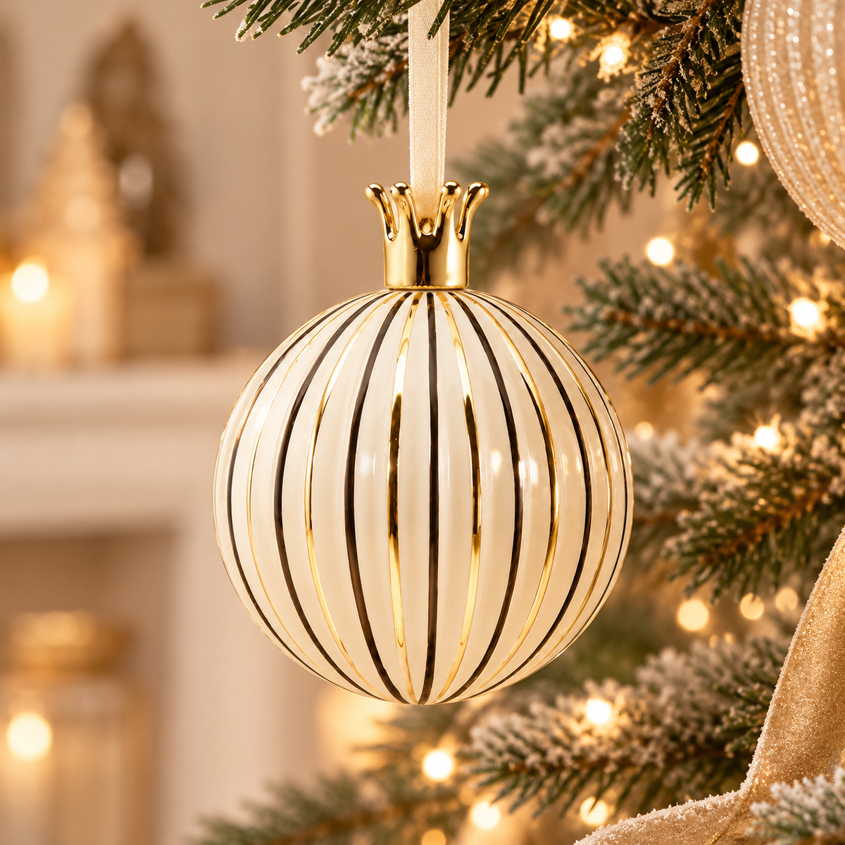 Sfera di Natale in Vetro Bianco Avorio Lucido con Righe Verticali Oro e Corona Dorata – Ø 10 cm