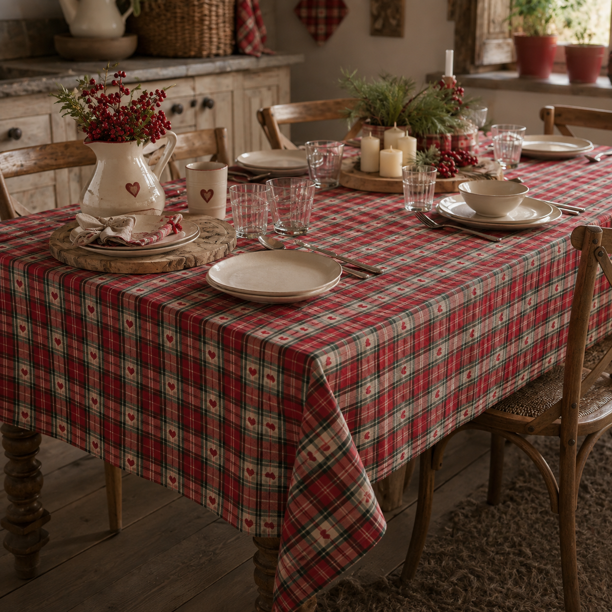 Tovaglia Nel Cuore delle Alpi 160x270cm Scozzese con cuori rossi
