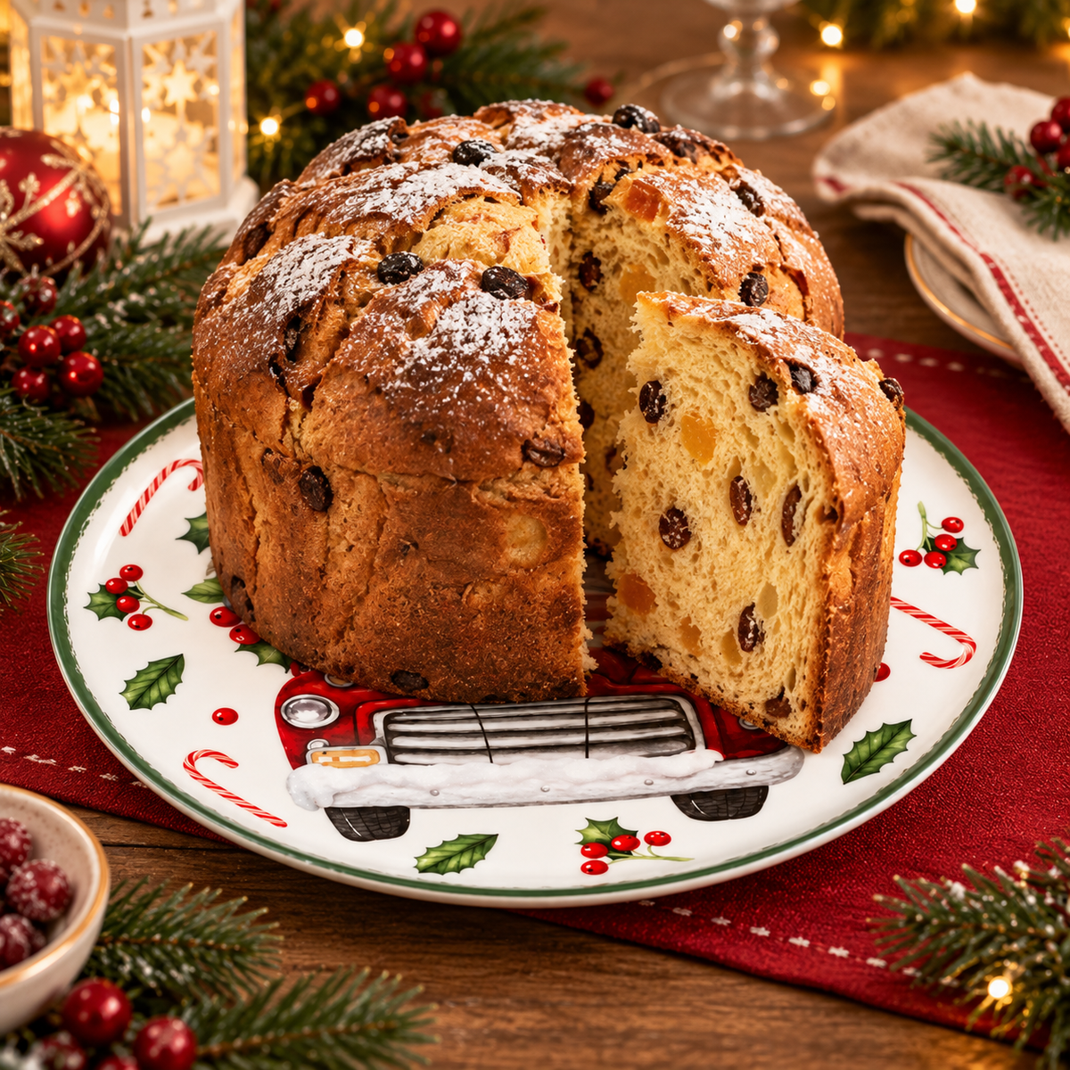 Piatto Panettone Natalizio in Ceramica con Pickup Rosso Ø 27 cm