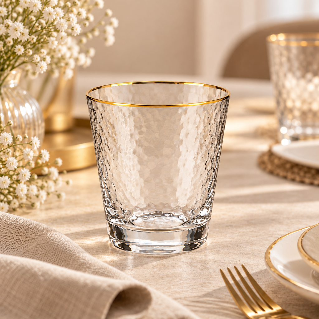 Set 6 Bicchieri in Vetro Trasparente Lavorato con Bordo Oro – 350 ml – Ø 9 x H 10 cm