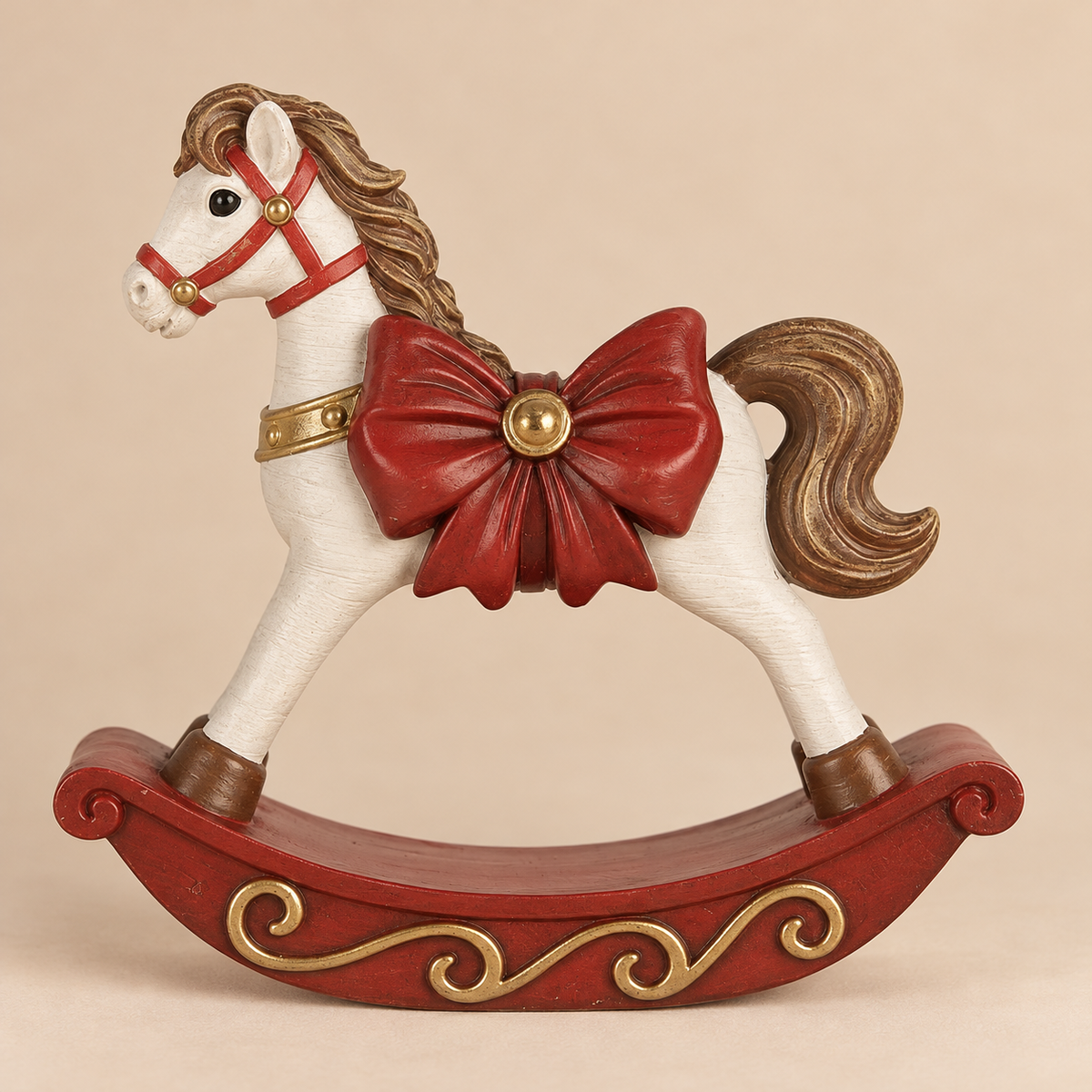 Cavallo a Dondolo Natalizio Decorativo Bianco con Fiocco Rosso e Dettagli Oro 17 x 5 x H18 cm