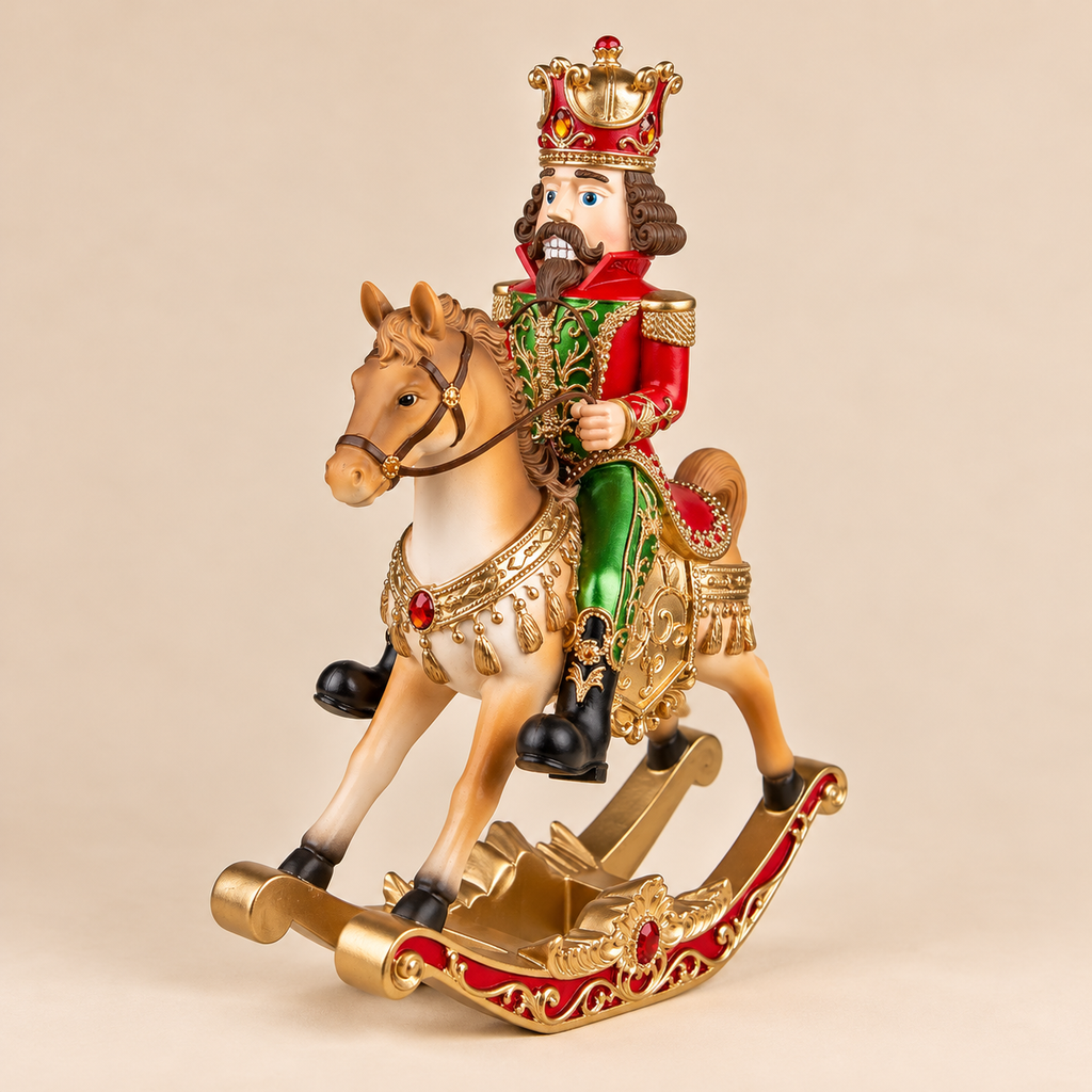Schiaccianoci Natalizio Regale su Cavallo a Dondolo in Poliresina Rosso Verde e Oro – 32 x 19 x H 39 cm