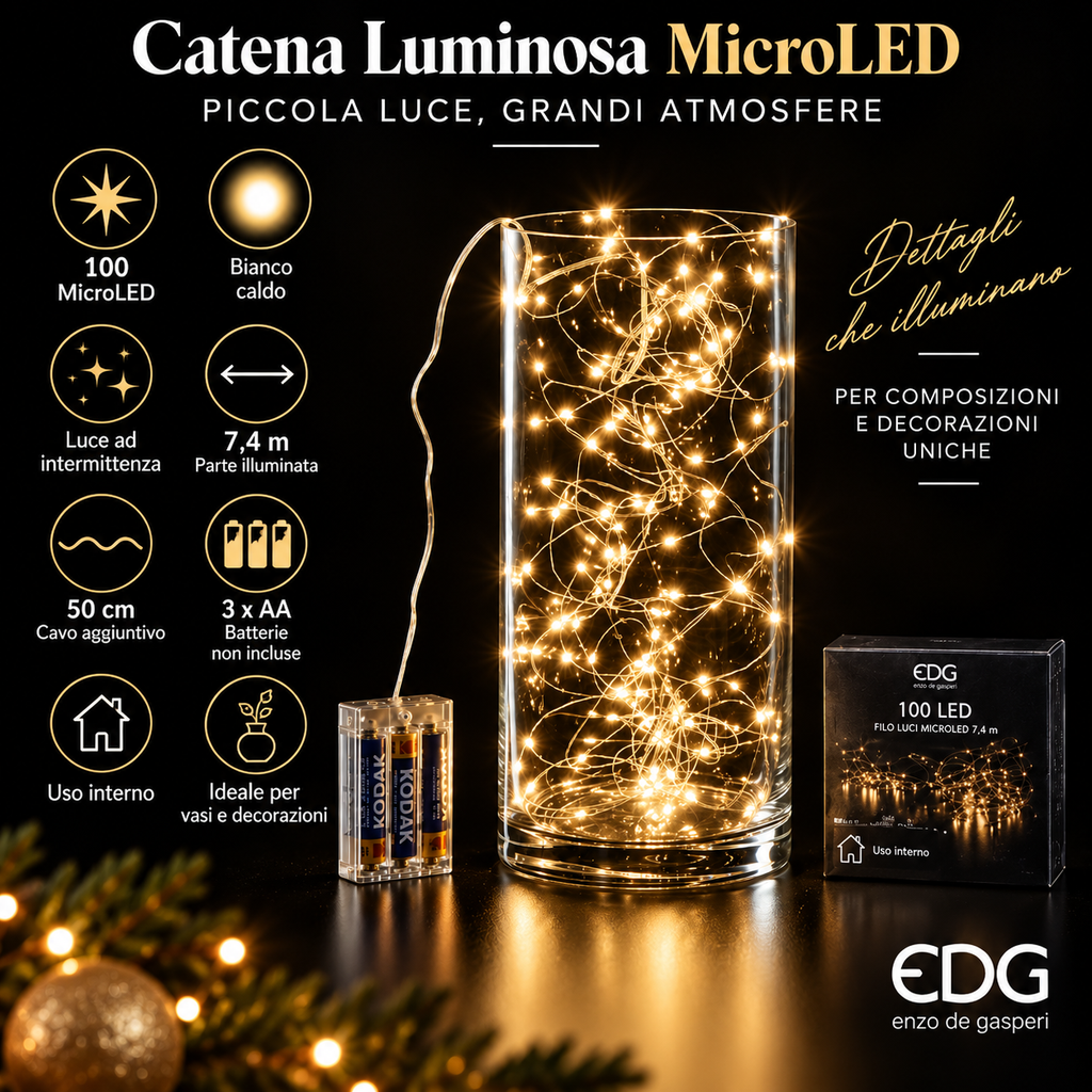 Catena Luminosa MicroLED 100 LED Bianco Caldo 7,4 m a Intermittenza a Batteria - EDG