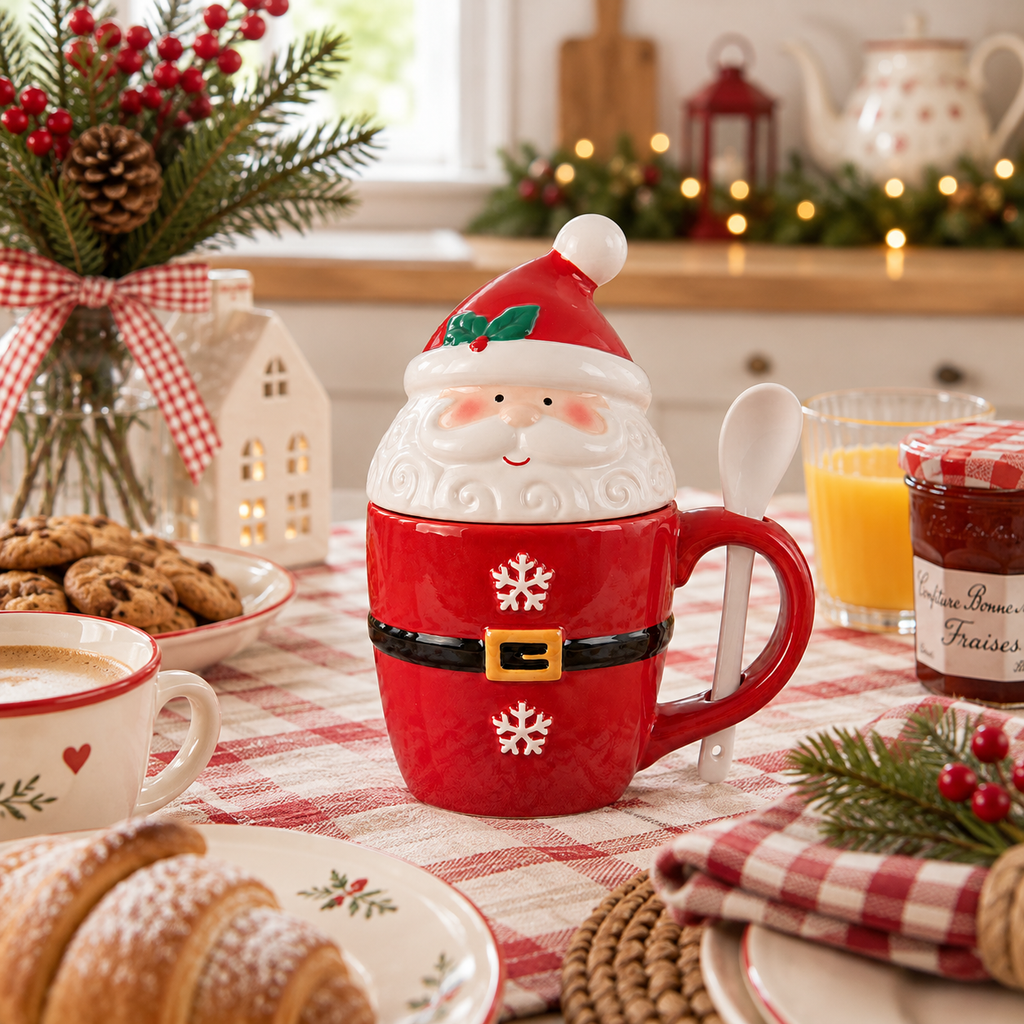 Tazza Natalizia Babbo Natale con Coperchio e Cucchiaino 300 ml in Ceramica