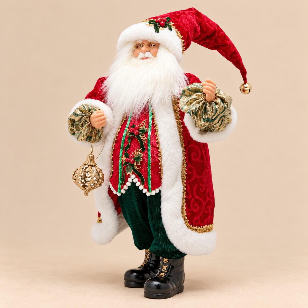 Babbo Natale Decorativo EDG Enzo De Gasperi in Velluto Rosso con Dettagli Verdi e Oro 61 cm