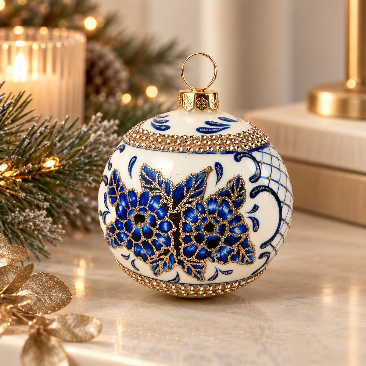 Sfera Natalizia EDG Bianca con Fiori Blu Dipinti a Mano e Decorazioni Dorate Ø12 cm