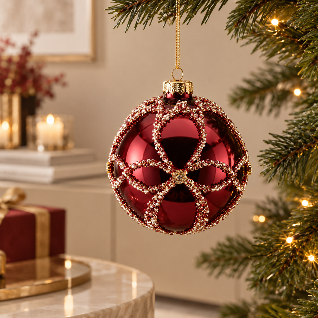 Sfera Natalizia EDG in Vetro Bordeaux Lucido con Ricami Gioiello e Strass Argento Ø8 cm