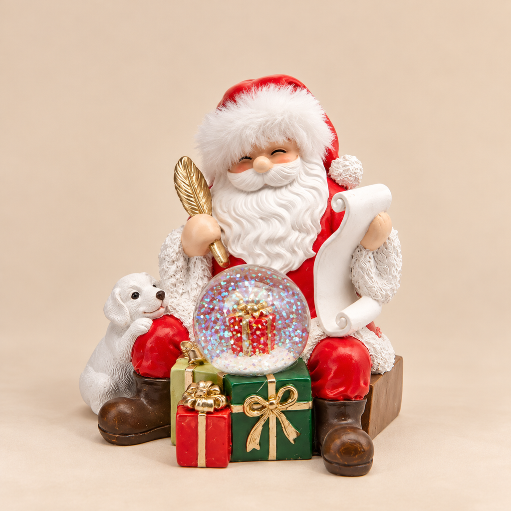 Babbo Natale Decorativo con Sfera d'Acqua Glitter, Regali e Cagnolino in Resina