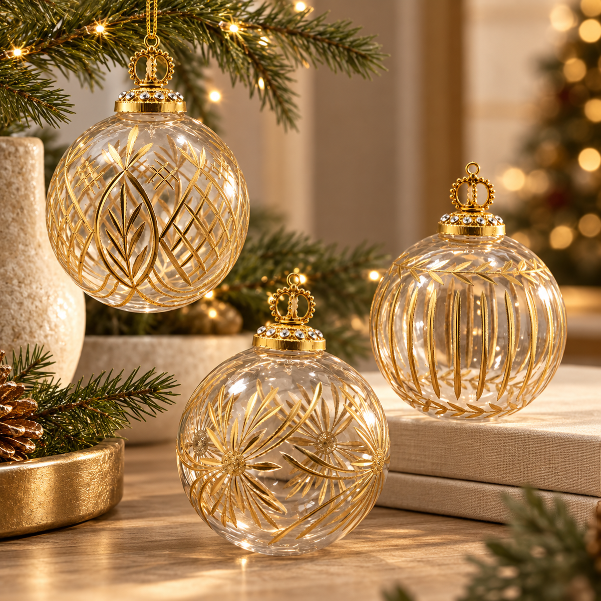 Sfera Natalizia EDG in Vetro Trasparente con Decorazioni Oro e Corona Gioiello Ø10 cm