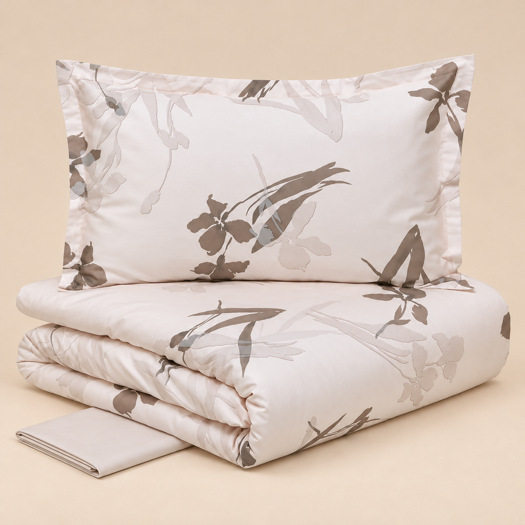 Parure Copripiumino Matrimoniale ABBRACCIO Tessitura Randi Collezione Bloom in Raso di Cotone 300 T.C. Beige Tortora