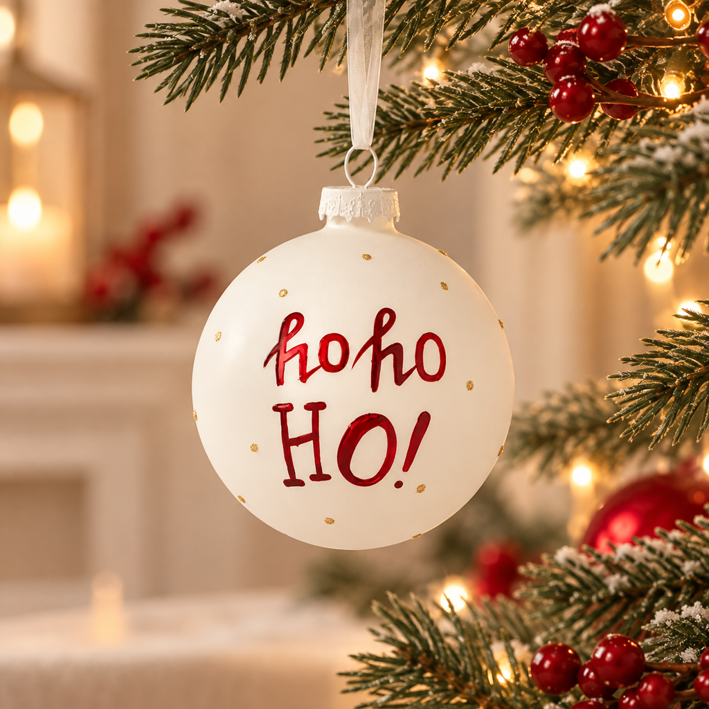 Sfera Natalizia in Vetro Bianco Opaco con Scritta Ho Ho Ho Rossa e Pois Dorati Ø8,5 cm