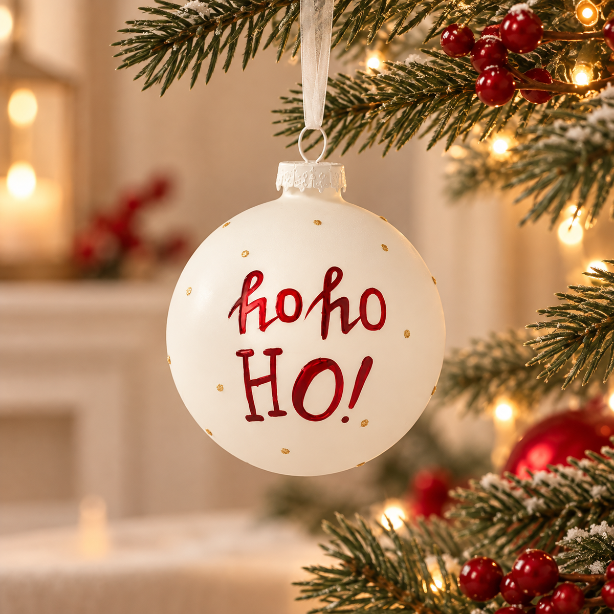 Sfera Natalizia in Vetro Bianco Opaco con Scritta Ho Ho Ho Rossa e Pois Dorati Ø8,5 cm