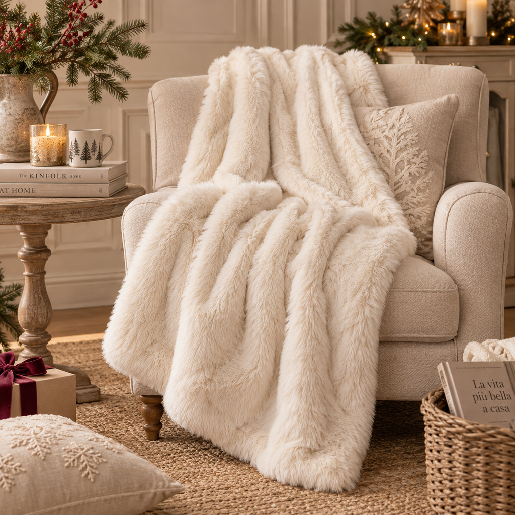 Plaid in Ecopelliccia Panna Morbido ed Elegante 130 x 170 cm – Blanc Mariclò