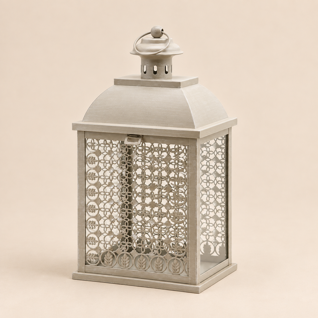 Lanterna Decorativa Traforata Grigio Chiaro in Metallo 20 x 15 x H 38 cm