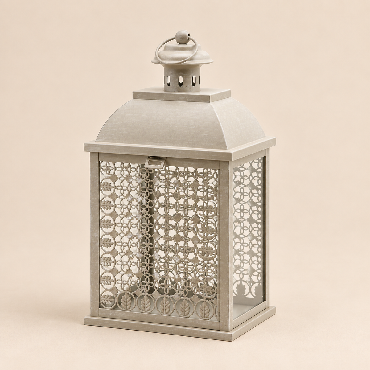 Lanterna Decorativa Traforata Grigio Chiaro in Metallo 20 x 15 x H 38 cm