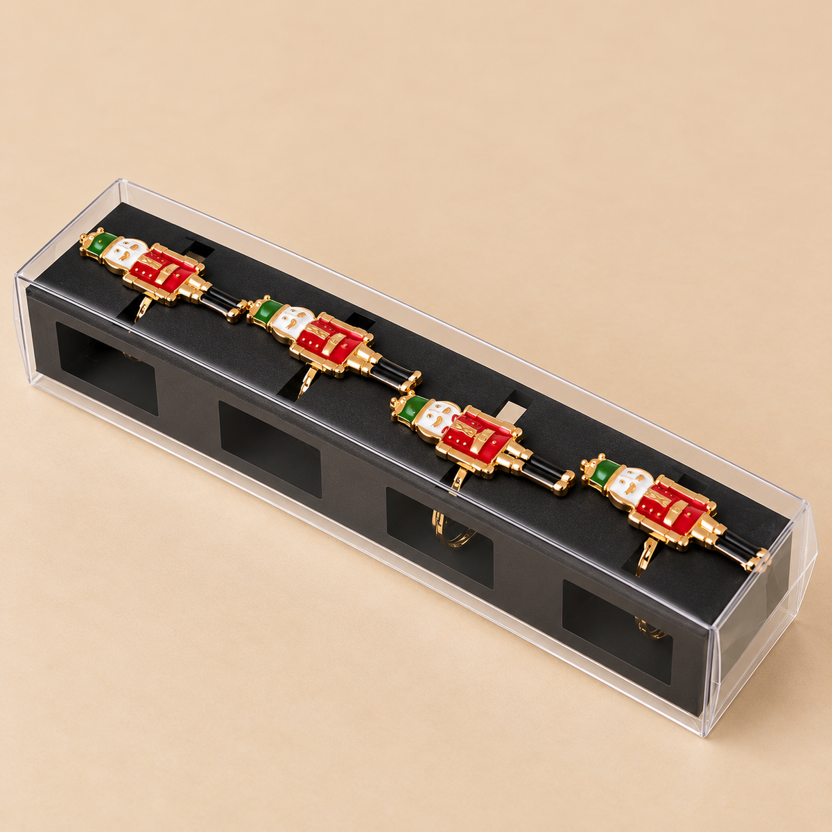 Set 4 Portatovaglioli Natalizi Schiaccianoci in Metallo Rosso, Verde e Oro – Decorazioni per la Tavola di Natale