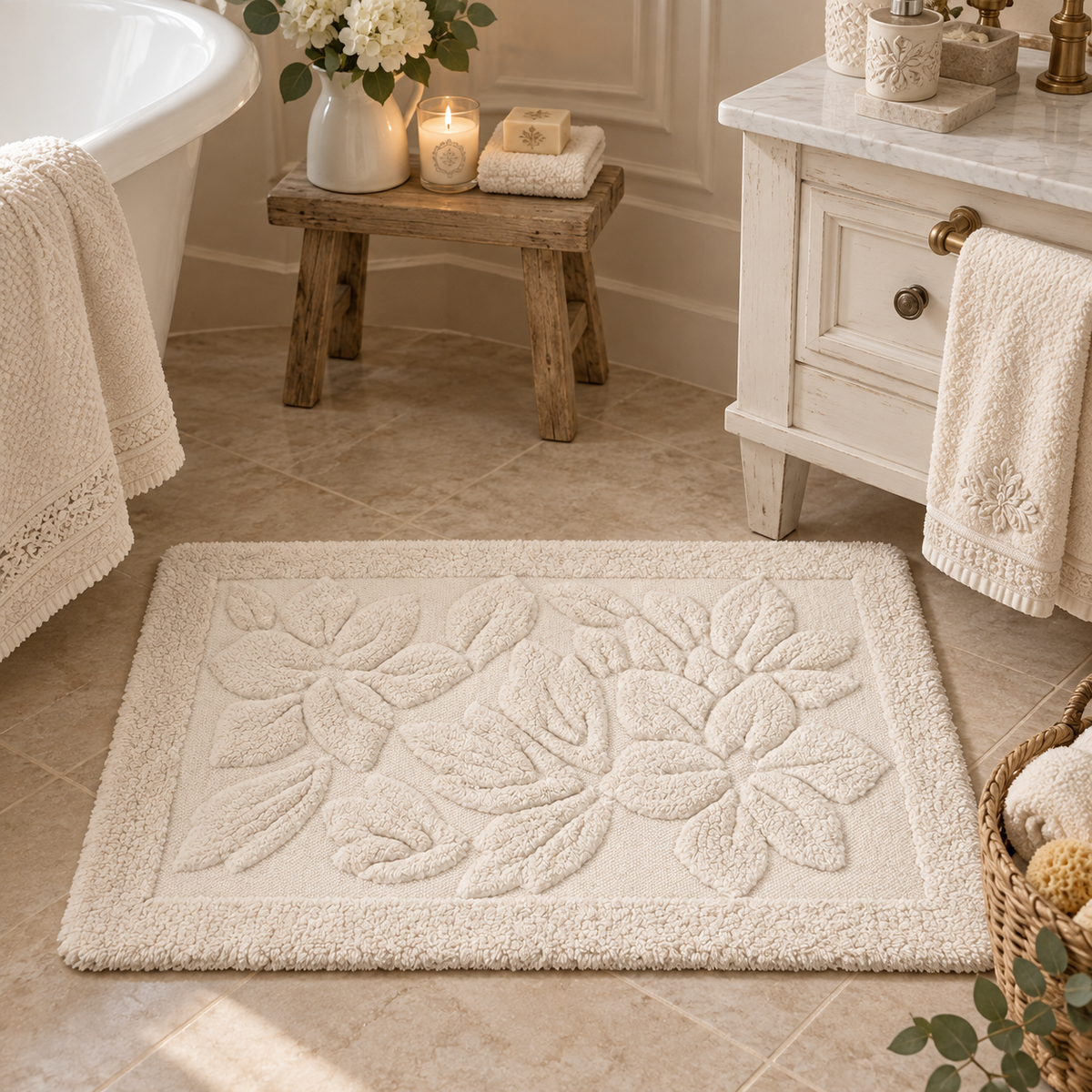 Tappeto Bagno con Fiori Blanc Mariclò Beige 50 x 80 cm Beige
