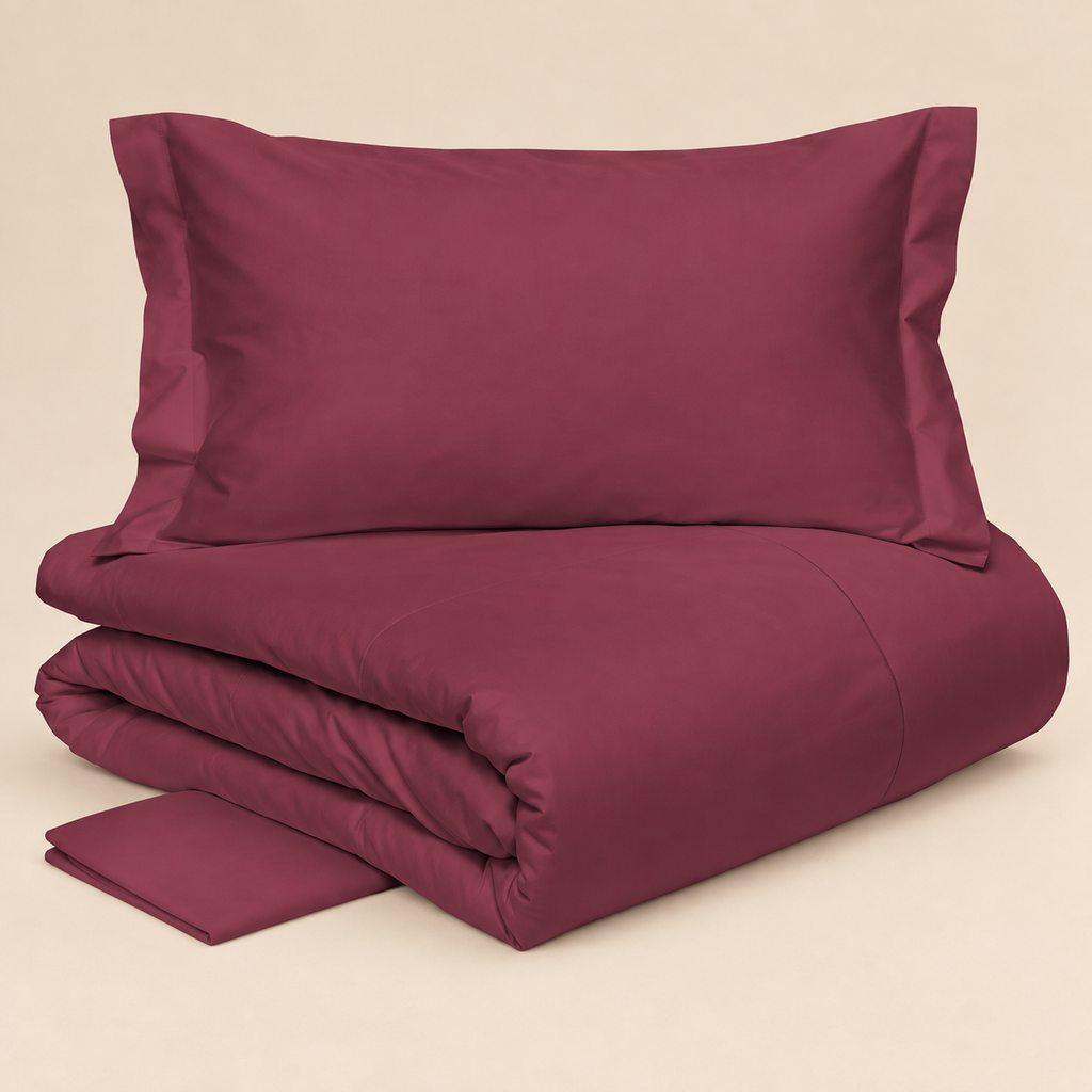 Completo Copripiumino Matrimoniale ELITE Tessitura Randi in Raso di Puro Cotone 300 T.C. Bordeaux con Ricamo Cordonetto