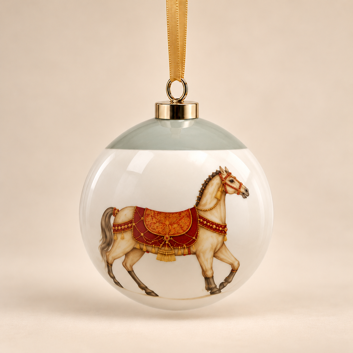 Sfera Natalizia EDG in Ceramica Bianca con Cavallo Decorativo e Dettagli Bordeaux e Oro Ø8 cm