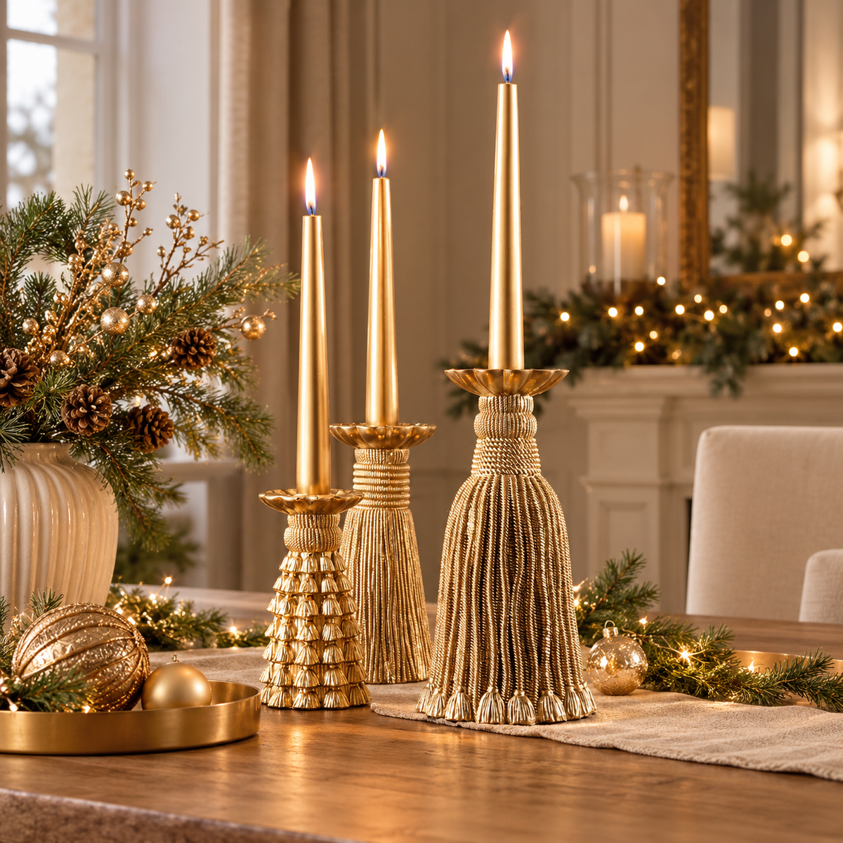 Candelabro Dorato con Nappe Decorative in Resina – Collezione Festa di Luce Ø8xH15 cm