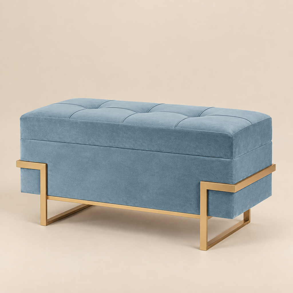 Pouf Contenitore in Velluto Azzurro con Struttura Oro 90 x 40 x H45 cm