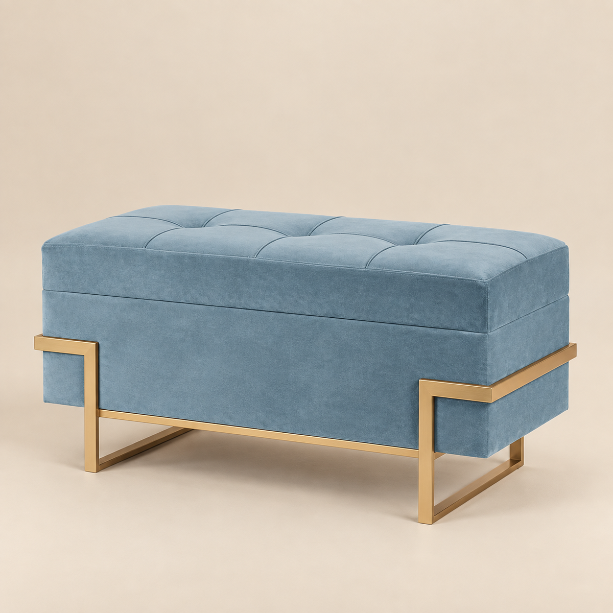 Pouf Contenitore in Velluto Azzurro con Struttura Oro 90 x 40 x H45 cm