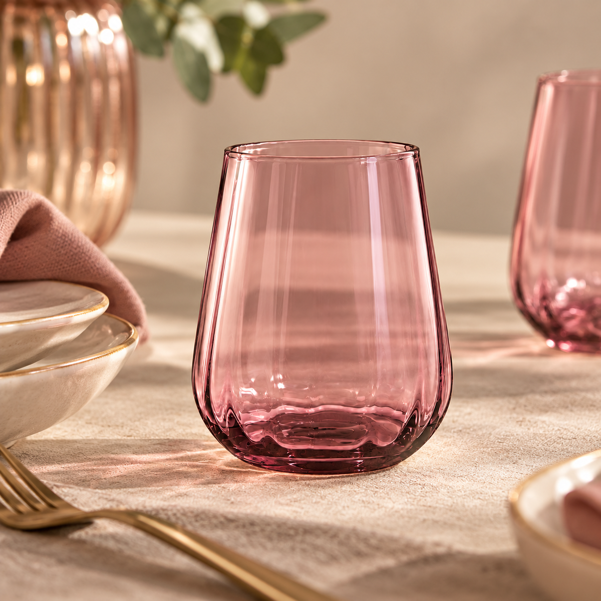 Set 6 Bicchieri Rinascimento in Vetro Rosa Trasparente con Fondo Sfaccettato