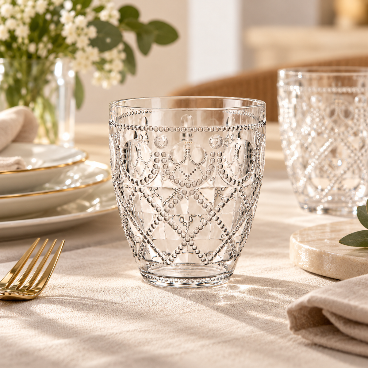 Set 6 Bicchieri Acqua Diamond in Acrilico Trasparente con Decoro in Rilievo – Ø 8,7 x H 10 cm