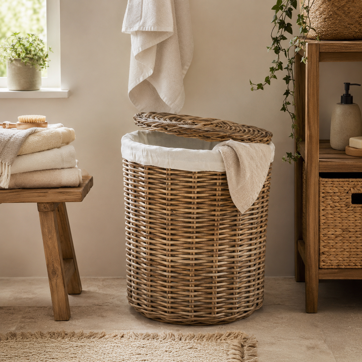 Cesto Portabiancheria in Fibra Naturale con Coperchio – Ø 45 x H 55 cm