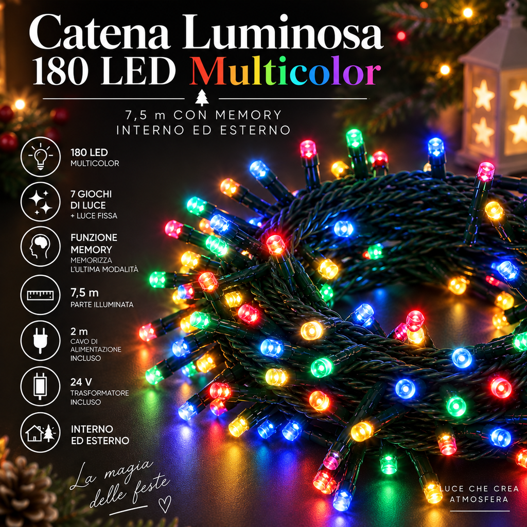 Catena Luminosa 180 LED Multicolor 7,5 m con Memory – Interno ed Esterno