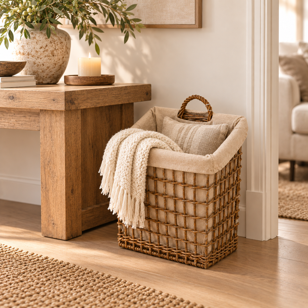 Cesto Rettangolare in Vimini Intrecciato con Rivestimento in Tessuto Beige e Manici – 39x24xH46 cm
