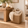 Cesto Rettangolare in Vimini Intrecciato con Rivestimento in Tessuto Beige e Manici – 39x24xH46 cm