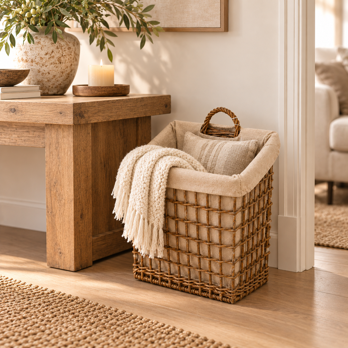 Cesto Rettangolare in Vimini Intrecciato con Rivestimento in Tessuto Beige e Manici – 39x24xH46 cm